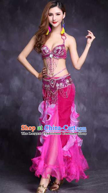India Female Oriental Dance Stage Performance Clothing High Indian Belly Dance Diamante Rosy Bra Outfits