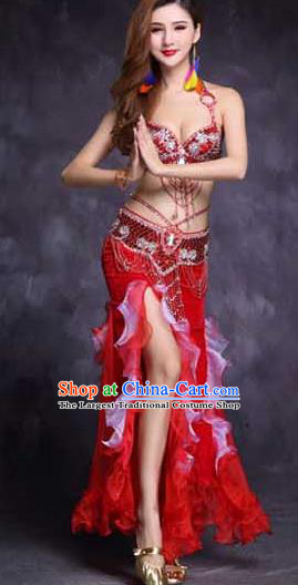 India Female Oriental Dance Clothing High Indian Belly Dance Stage Performance Diamante Red Bra Outfits
