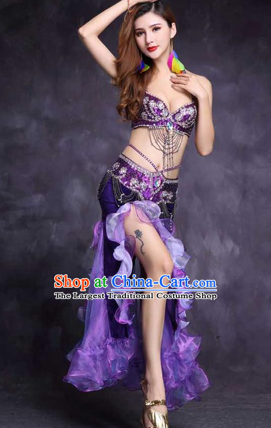 India Oriental Dance Clothing High Indian Belly Dance Stage Performance Diamante Purple Bra and Skirt Outfits