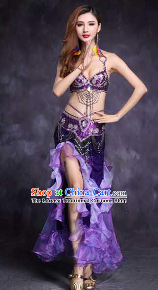 India Oriental Dance Clothing High Indian Belly Dance Stage Performance Diamante Purple Bra and Skirt Outfits