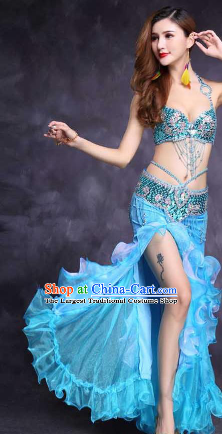 High Grade Indian Belly Dance Diamante Blue Bra and Skirt Outfits India Oriental Dance Stage Performance Clothing