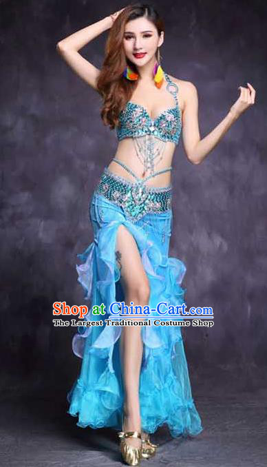 High Grade Indian Belly Dance Diamante Blue Bra and Skirt Outfits India Oriental Dance Stage Performance Clothing