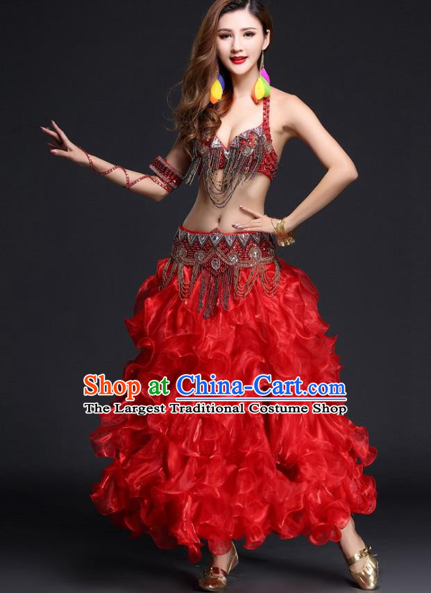 Indian Belly Dance Beads Tassel Bra and Red Skirt Outfits India Oriental Dance Performance Clothing