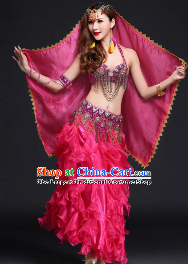 Indian Belly Dance Competition Beads Tassel Bra and Rosy Skirt Outfits India Oriental Dance Clothing