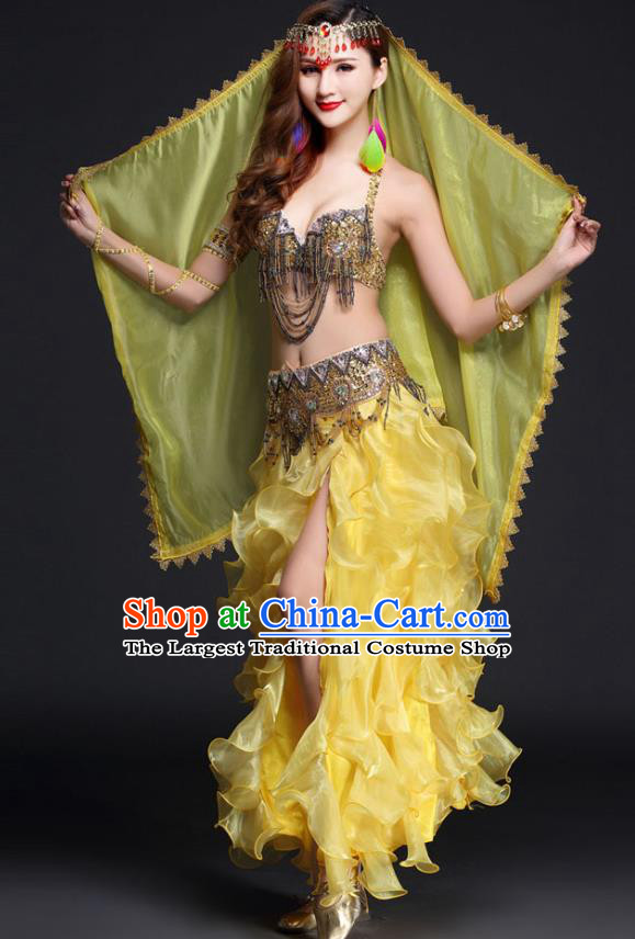 Asian India Oriental Dance Clothing Indian Belly Dance Competition Beads Tassel Bra and Yellow Skirt Outfits