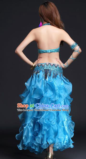 Indian Traditional Belly Dance Competition Beads Tassel Bra and Blue Skirt Outfits Asian India Oriental Dance Clothing