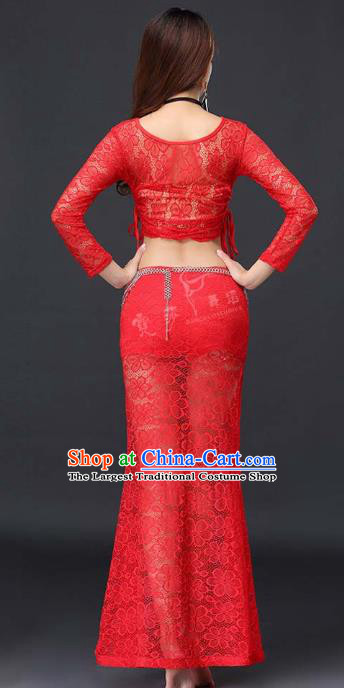 Indian Traditional Belly Dance Red Lace Uniforms Asian India Raks Sharki Blouse and Skirt Clothing