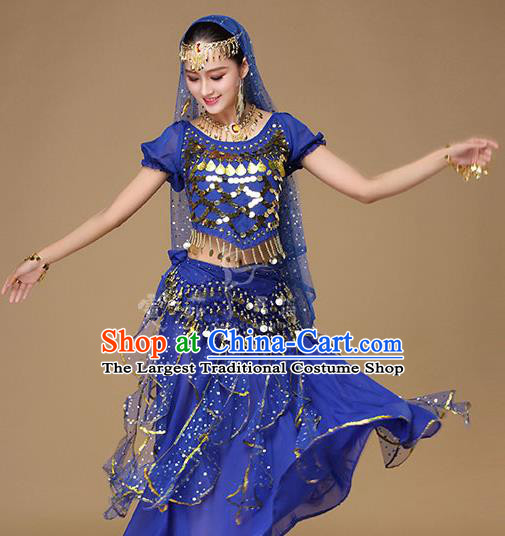 Indian Traditional Belly Dance Uniforms Asian India Dance Performance Royalblue Blouse and Skirt Clothing