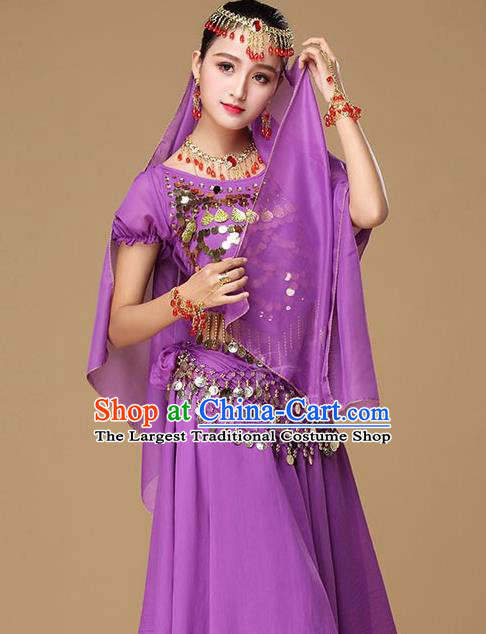 Asian India Dance Performance Purple Blouse and Skirt Clothing Indian Traditional Belly Dance Uniforms