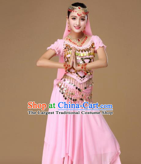 Asian India Court Dance Performance Blouse and Skirt Clothing Indian Belly Dance Pink Uniforms