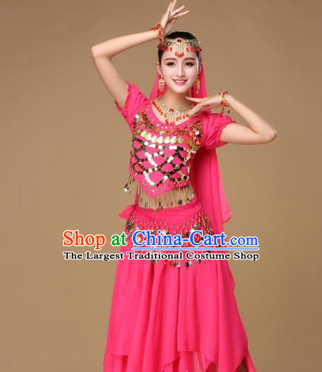Asian Indian Belly Dance Rosy Uniforms India Court Dance Performance Blouse and Skirt Clothing