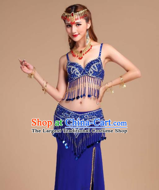 Asian India Oriental Dance Competition Clothing Indian Belly Dance Sequins Tassel Bra and Royalblue Skirt Uniforms