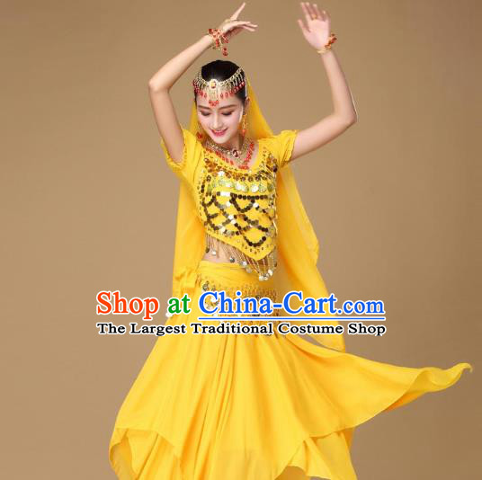 Asian India Dance Performance Blouse and Skirt Clothing Indian Belly Dance Yellow Uniforms