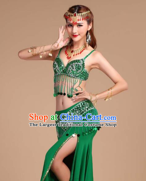 Asian India Raks Sharki Oriental Dance Competition Clothing Indian Belly Dance Sequins Tassel Bra and Green Skirt Uniforms