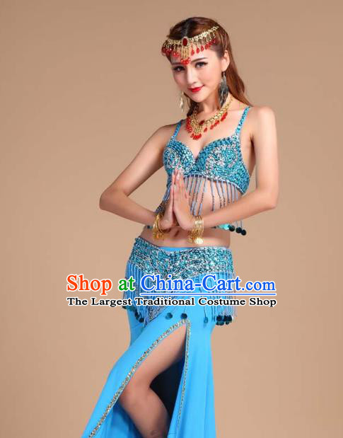 Indian Oriental Dance Belly Dance Sequins Tassel Bra and Blue Skirt Uniforms Asian India Raks Sharki Clothing