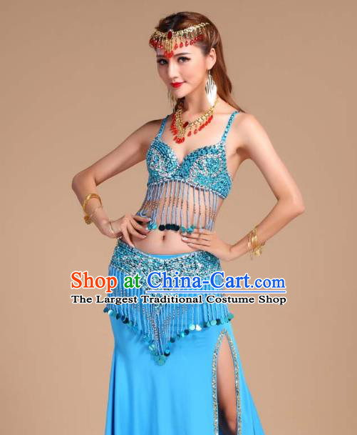 Indian Oriental Dance Belly Dance Sequins Tassel Bra and Blue Skirt Uniforms Asian India Raks Sharki Clothing