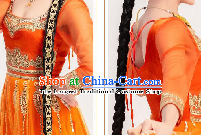 Asian India Stage Performance Embroidered Costumes Indian Bollywood Dance Orange Anarkali Dress