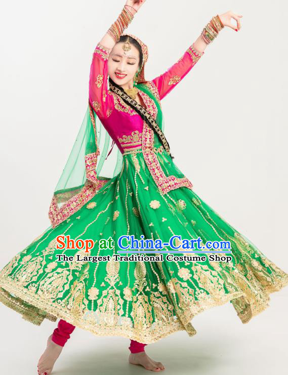 Indian Bollywood Dance Green Anarkali Dress Asian India Stage Performance Embroidered Costumes