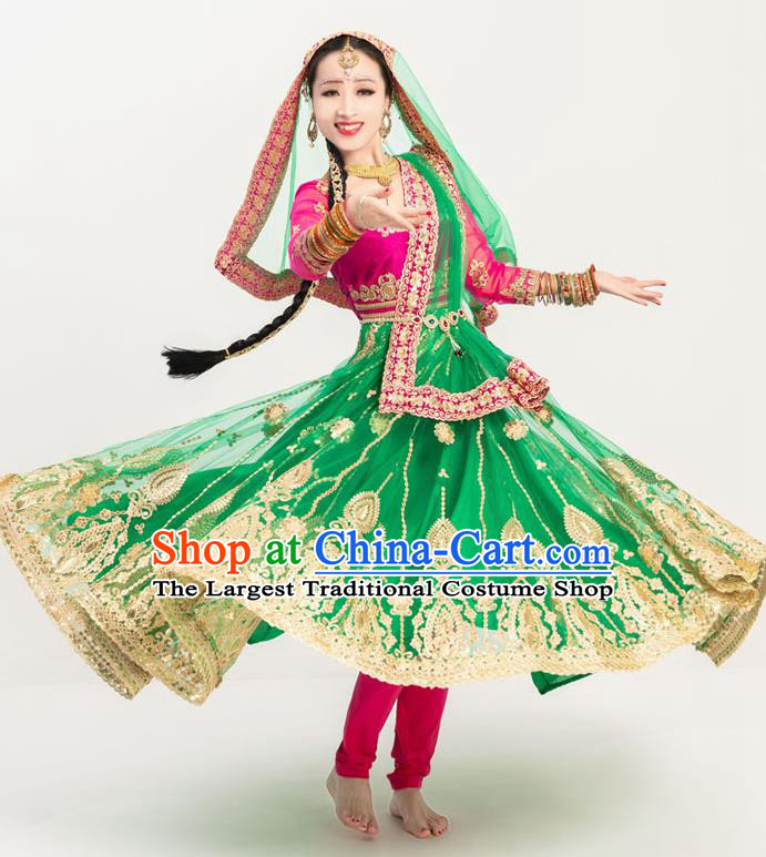 Indian Bollywood Dance Green Anarkali Dress Asian India Stage Performance Embroidered Costumes