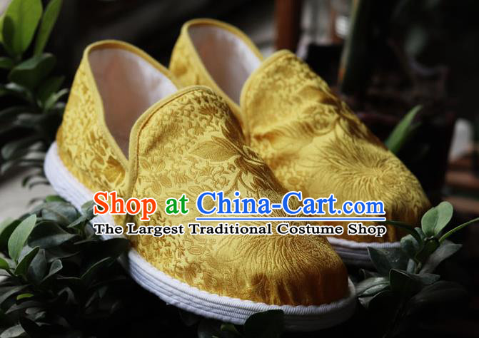 Chinese Handmade Satin Shoes Traditional Martial Arts Shoes Golden Brocade Shoes