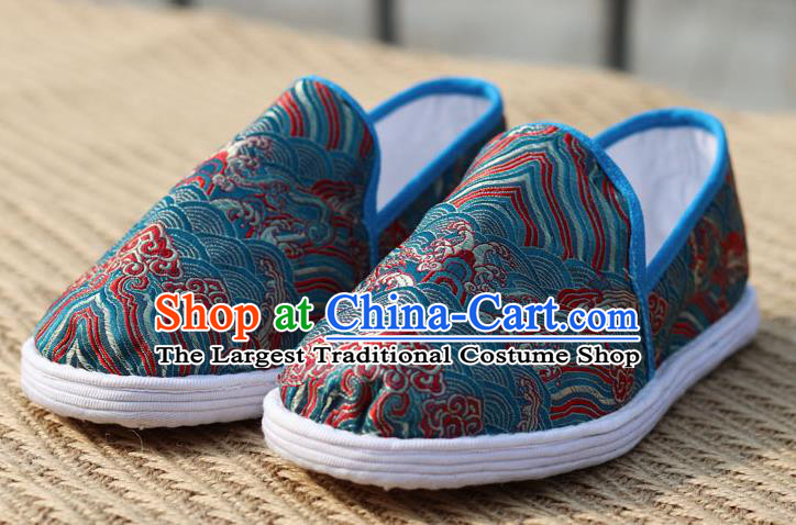 Chinese Handmade Shoes Traditional Martial Arts Shoes Classical Wave Pattern Blue Brocade Shoes