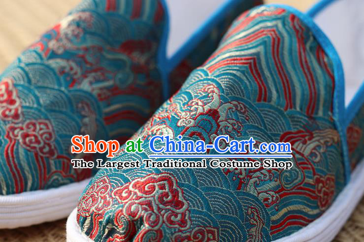 Chinese Handmade Shoes Traditional Martial Arts Shoes Classical Wave Pattern Blue Brocade Shoes