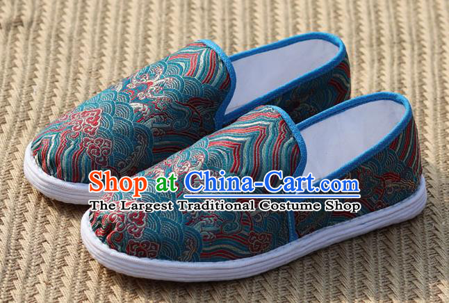 Chinese Handmade Shoes Traditional Martial Arts Shoes Classical Wave Pattern Blue Brocade Shoes
