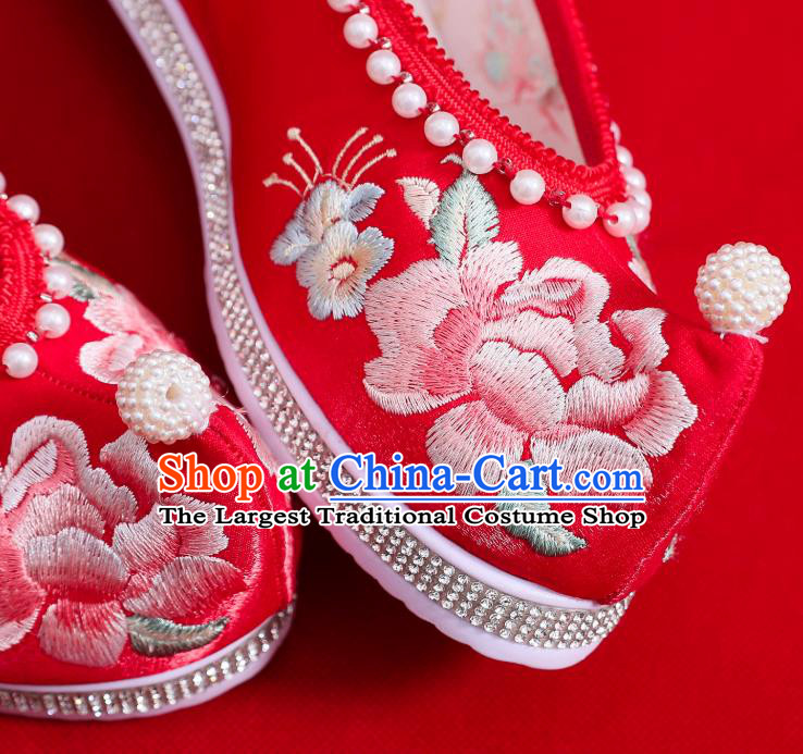 China Traditional Hanfu Pearls Shoes Handmade Wedding Red Satin Shoes National Embroidered Peony Shoes