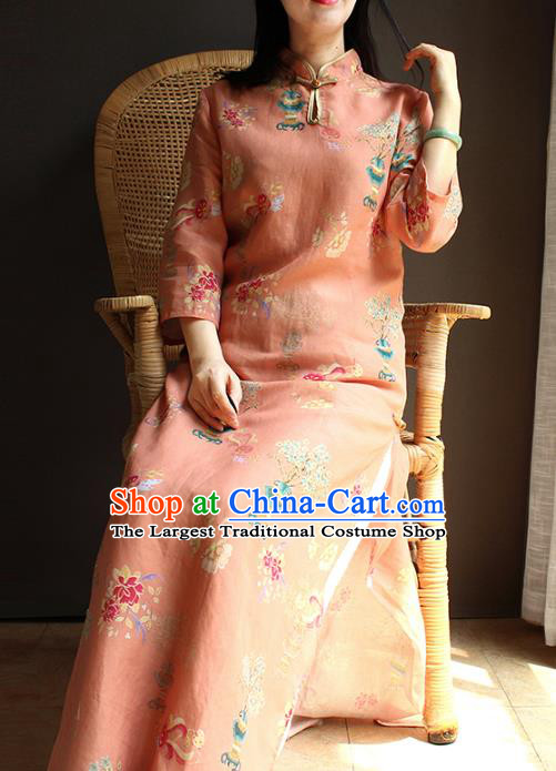 China National Women Clothing Stand Collar Qipao Dress Classical Printing Pink Flax Cheongsam