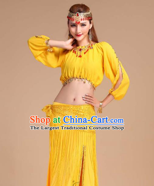 Asian India Folk Dance Clothing Indian Traditional Oriental Dance Belly Dance Yellow Tassel Skirt Outfits