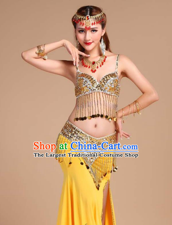 Asian India Oriental Dance Performance Clothing Indian Belly Dance Bra and Yellow Skirt Uniforms