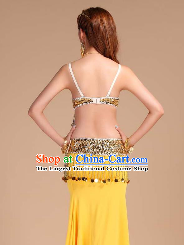 Asian India Oriental Dance Performance Clothing Indian Belly Dance Bra and Yellow Skirt Uniforms