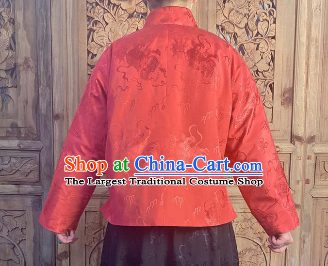 China Classical Lion Pattern Red Silk Blouse National Cheongsam Shirt Upper Outer Garment
