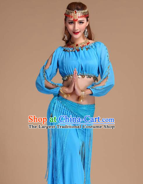 Indian Traditional Belly Dance Blue Tassel Skirt Outfits Asian India Folk Dance Oriental Dance Clothing