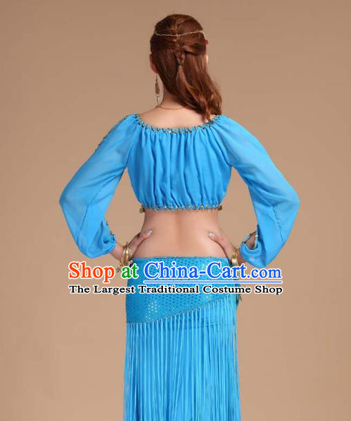 Indian Traditional Belly Dance Blue Tassel Skirt Outfits Asian India Folk Dance Oriental Dance Clothing