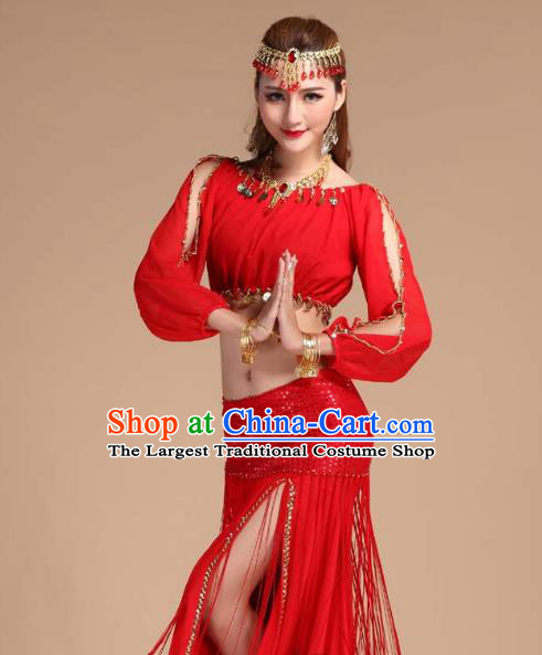 Asian India Folk Dance Stage Performance Clothing Indian Traditional Belly Dance Red Tassel Skirt Outfits