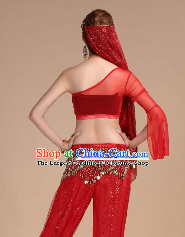 Indian Belly Dance Red Outfits Asian Traditional Raks Sharki Top and Pants India Folk Dance Clothing