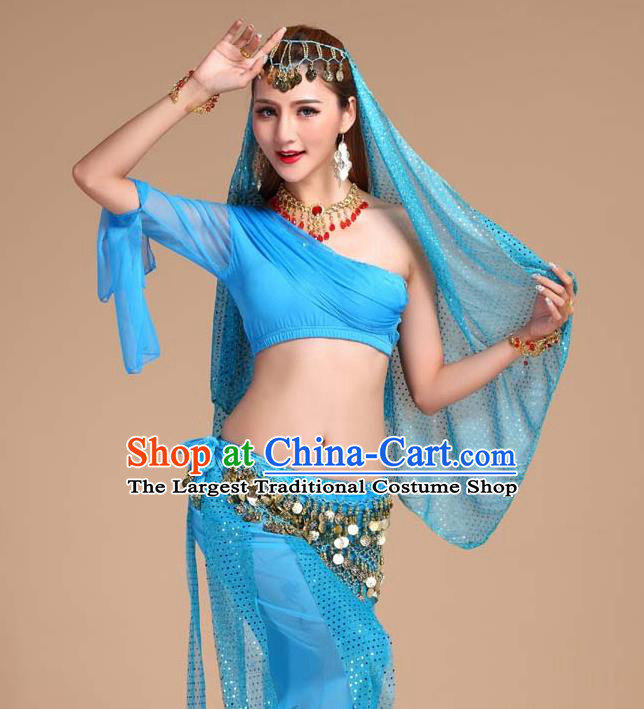 Indian Oriental Dance Blue Outfits Asian Traditional Raks Sharki Top and Pants India Belly Dance Clothing