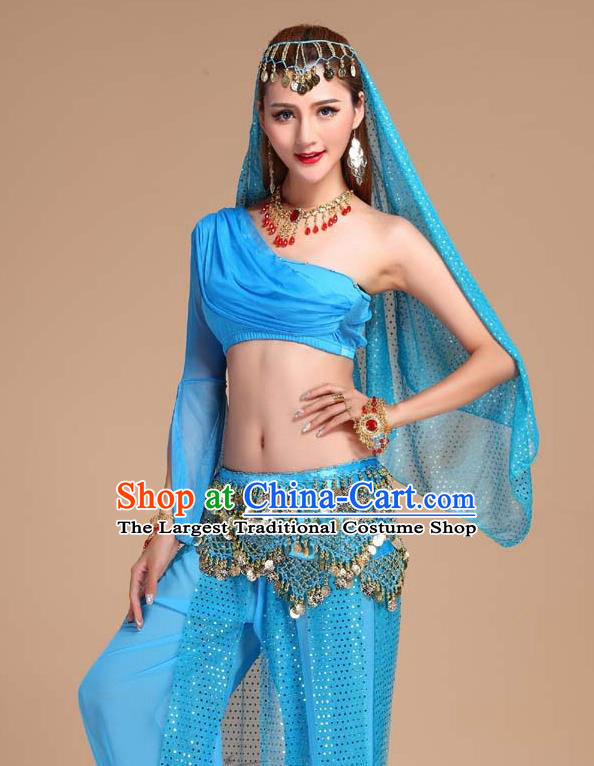 Indian Oriental Dance Blue Outfits Asian Traditional Raks Sharki Top and Pants India Belly Dance Clothing