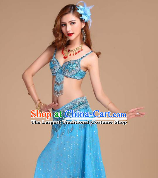 Indian Oriental Dance Uniforms Asian Traditional Raks Sharki Blue Bra and Skirt India Belly Dance Performance Clothing