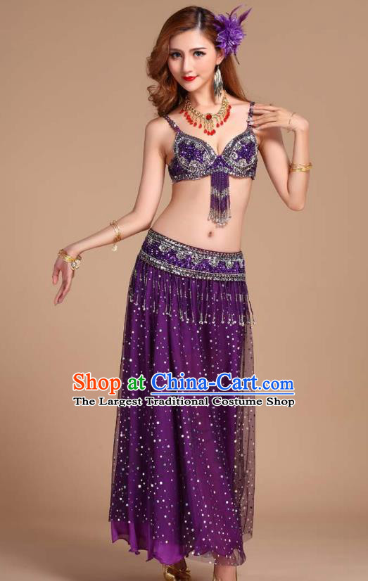 Asian Traditional Oriental Dance Purple Bra and Skirt Uniforms Indian Belly Dance Competition Clothing