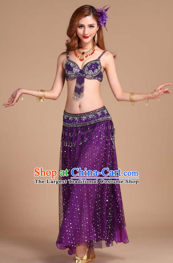 Asian Traditional Oriental Dance Purple Bra and Skirt Uniforms Indian Belly Dance Competition Clothing