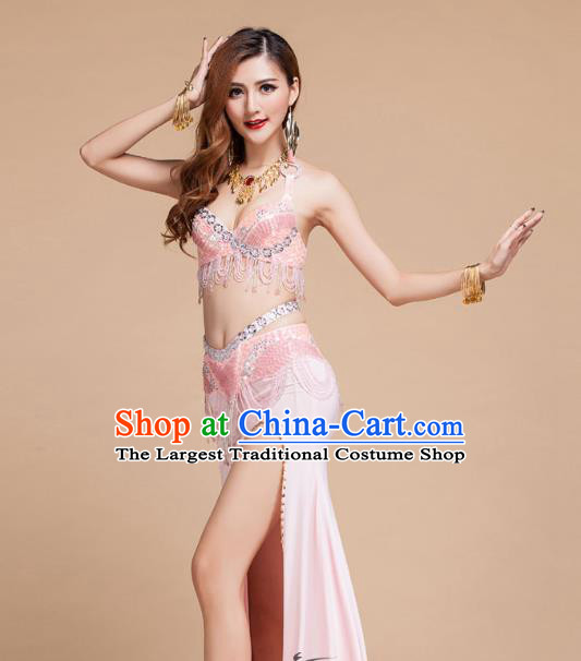 Asian Traditional Oriental Dance Pink Bra and Skirt Indian Belly Dance Clothing Stage Performance Beads Tassel Uniforms