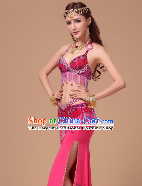 Asian Stage Performance Beads Tassel Uniforms Traditional Oriental Dance Rosy Bra and Skirt Indian Belly Dance Clothing