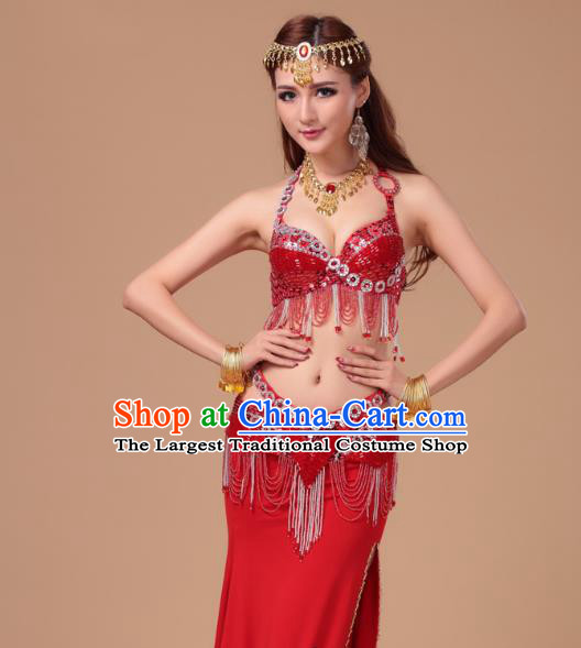 Indian Belly Dance Clothing Asian Stage Performance Beads Tassel Uniforms Traditional Oriental Dance Red Bra and Skirt