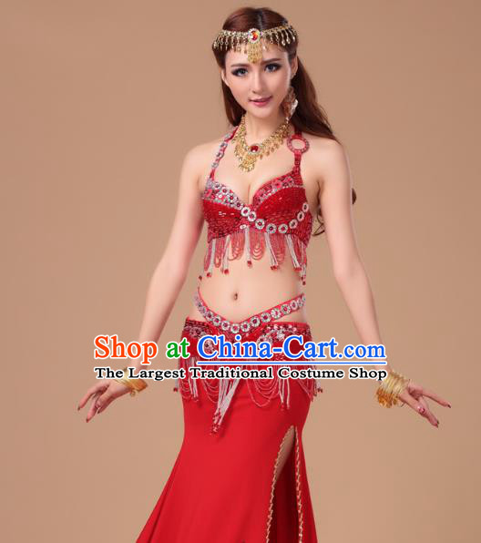 Indian Belly Dance Clothing Asian Stage Performance Beads Tassel Uniforms Traditional Oriental Dance Red Bra and Skirt
