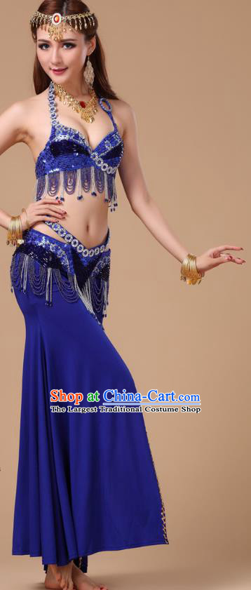 Asian Indian Stage Performance Royalblue Uniforms Traditional Oriental Dance Bra and Skirt Belly Dance Clothing