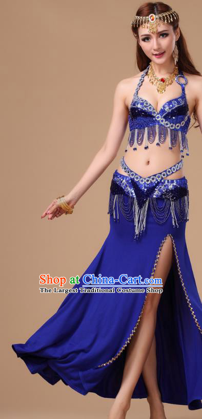 Asian Indian Stage Performance Royalblue Uniforms Traditional Oriental Dance Bra and Skirt Belly Dance Clothing