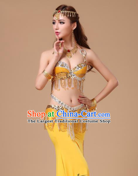 Traditional Oriental Dance Bra and Skirt Belly Dance Clothing Asian Indian Stage Performance Yellow Uniforms