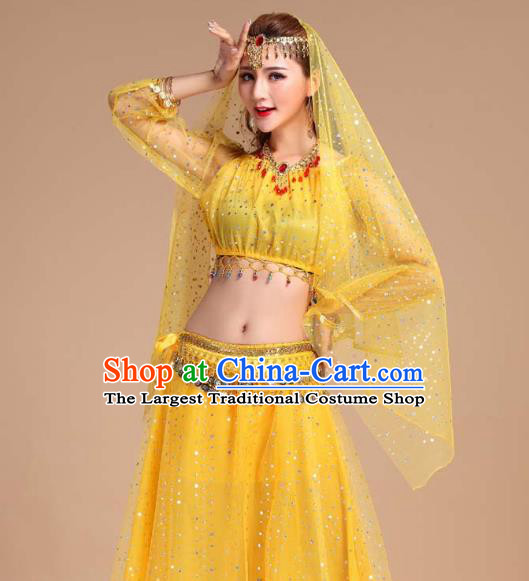 Asian India Folk Dance Clothing Indian Traditional Court Stage Performance Yellow Skirt Outfits